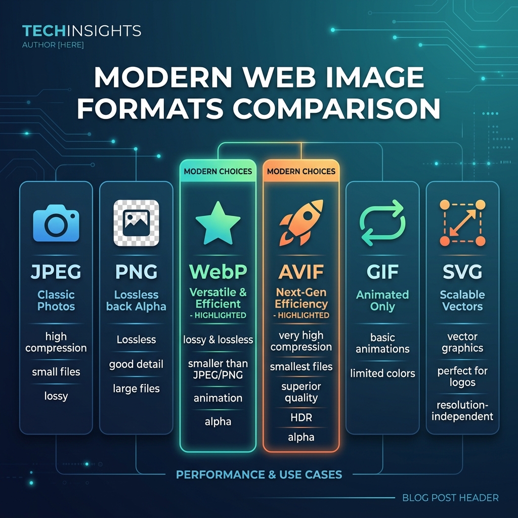 Table of web image formats: JPEG, PNG, WebP, AVIF, GIF, SVG