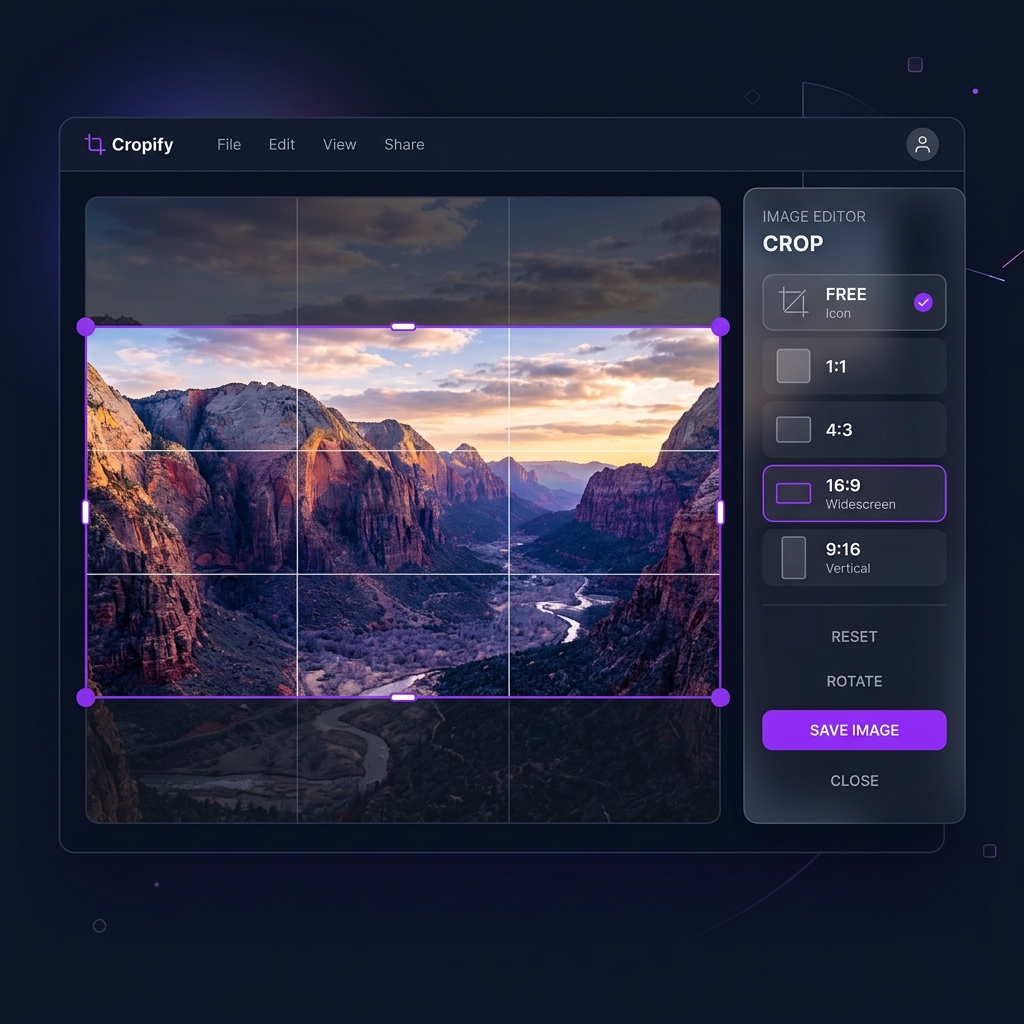 Online image cropping tool with 16:9 aspect ratio selected and rule-of-thirds grid overlay