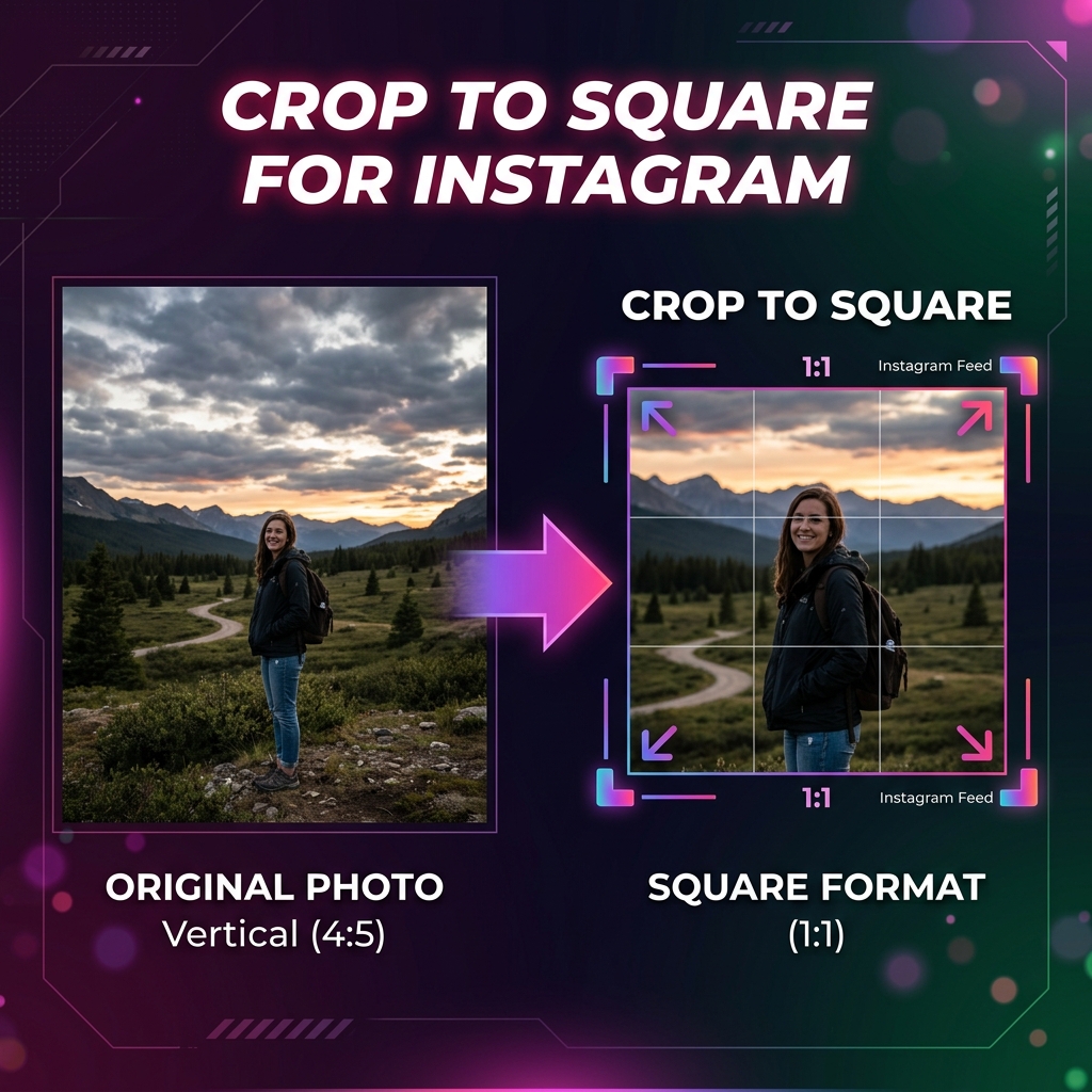 Before and after comparison — cropping a portrait photo to 1:1 square format for Instagram