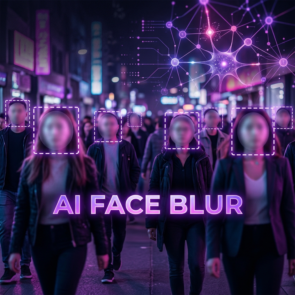 AI face detection visualization — crowd scene with purple bounding boxes and Gaussian blur applied to each detected face