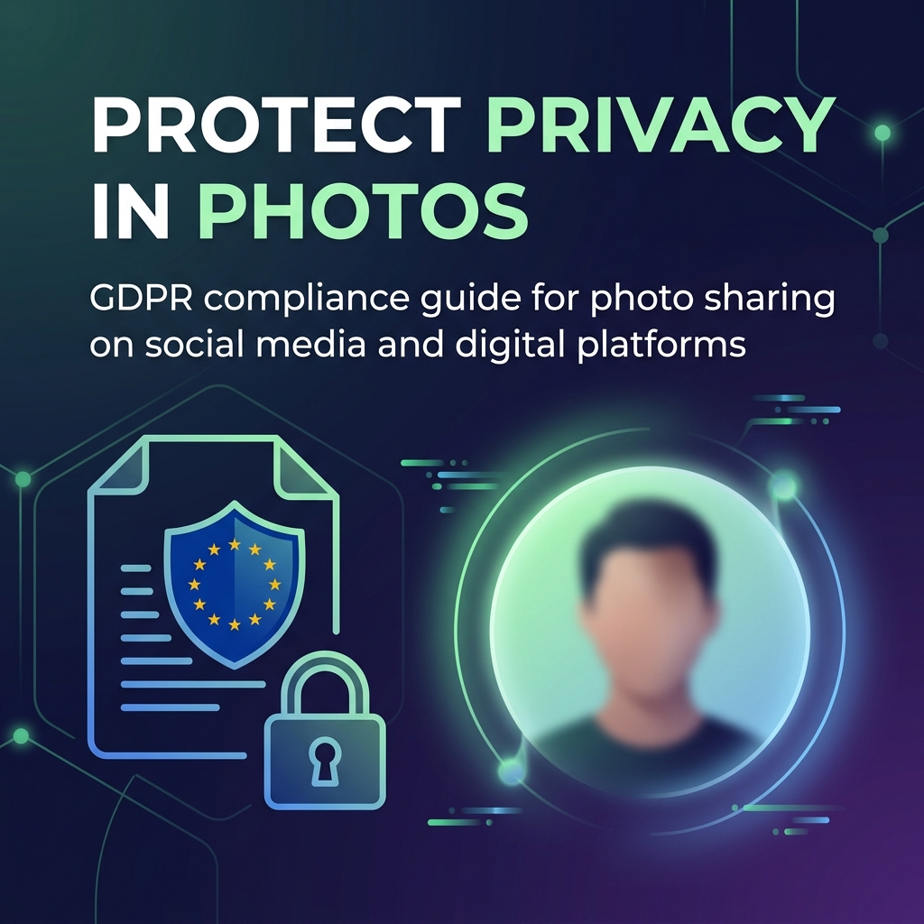 GDPR compliance concept — EU shield with lock icon and blurred face silhouette representing photo privacy protection
