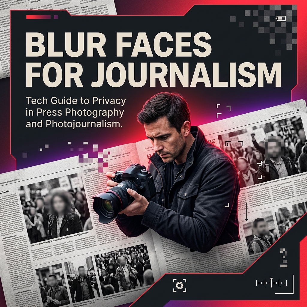 Journalist holding DSLR camera with newspaper layout showing pixelated and blurred faces in press photography