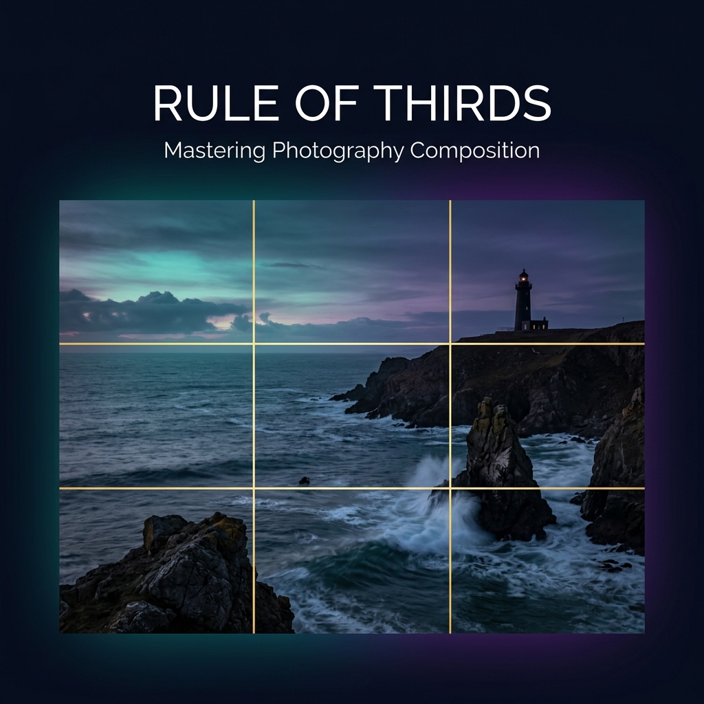 Rule of thirds grid over a lighthouse seascape photography composition example
