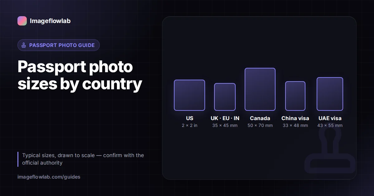 Infographic: Passport photo sizes by country. US 2 × 2 in; UK · EU · IN 35 × 45 mm; Canada 50 × 70 mm; China visa 33 × 48 mm; UAE visa 43 × 55 mm.